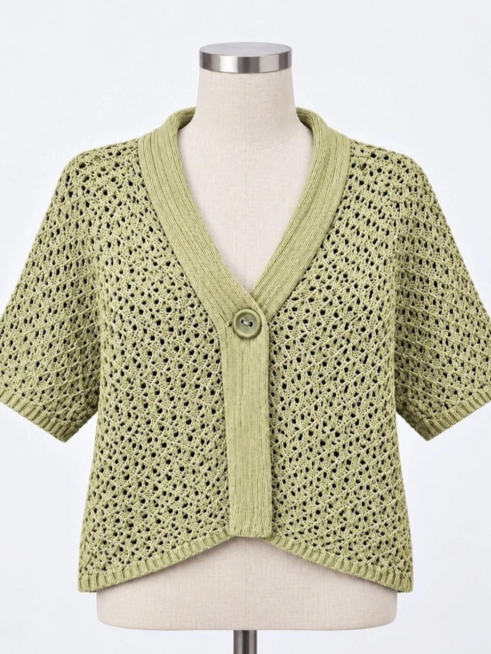 Lizwear by Liz Claiborne Sage Green Crochet Knit Short Sleeve Cardigan Size M